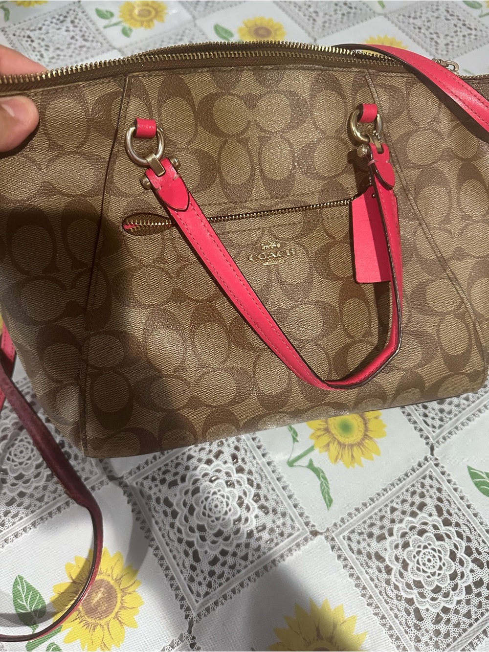 Coach Brown Signature Satchel with Pink Trim